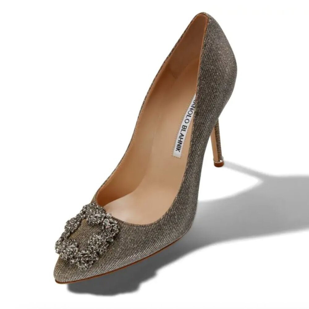 NWT Manolo Blahnik  Dark Gold Glitter Jewel Buckle Pumps 115mm (EU34.5)
